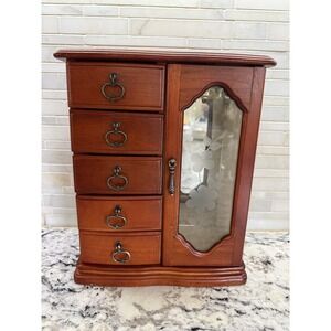 Vtg Mele 5 Drawers Wood Jewelry Box Glass Door Flowers Mirror